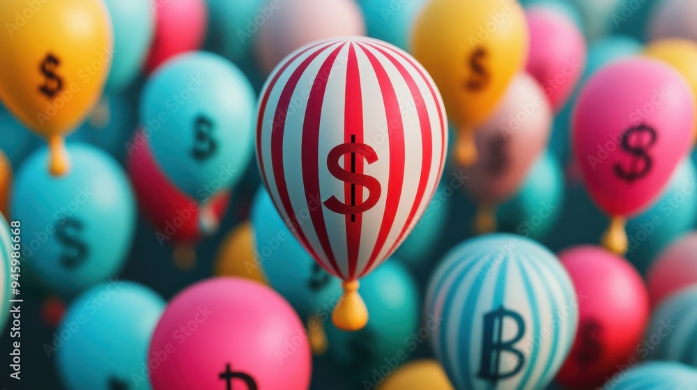 Poster balloon inflation/deflation: animate balloons with financial symbols that rapidly inflate and deflat