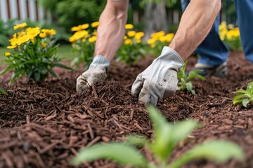 Close-up of gardener's hands wearing gloves, spreading mulch around plants and flowers in a garden for lawn care and plant protection.