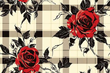 A red and white houndstooth print with black roses Stocking