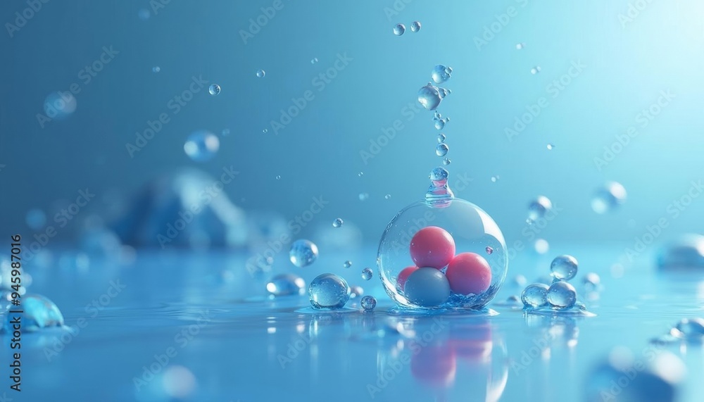 Poster elegant bubbles in a clear sphere floating in a blue ocean