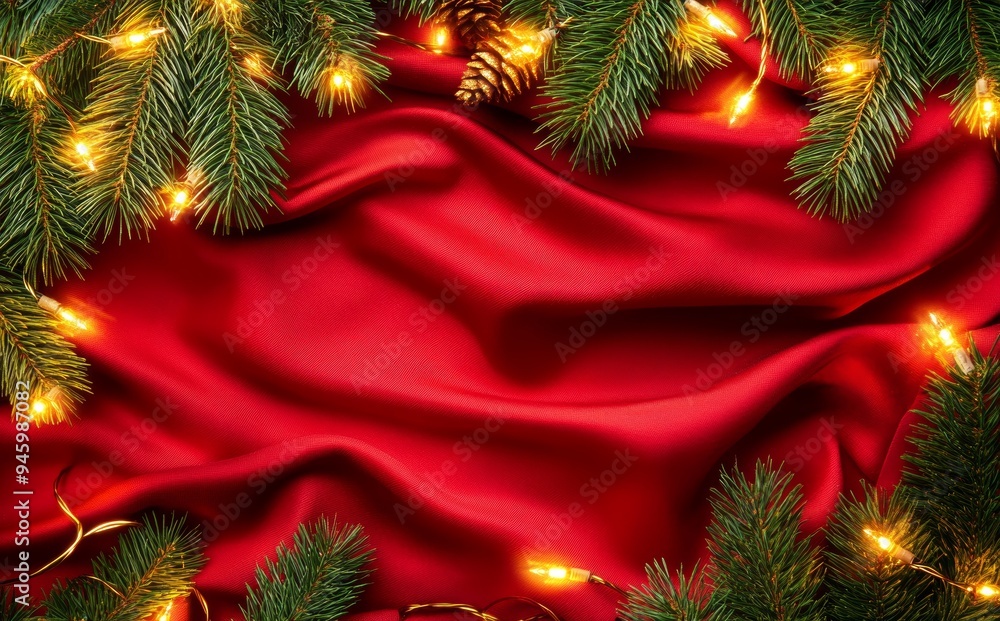 Poster on a red canvas background, there's an intricate bokeh christmas tree with sparkle lights. merry chr