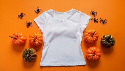 White womens cotton t-shirt halloween mockup with pumpkins and spiders on orange background. Design t shirt template, print presentation mock up. Top view flat lay.