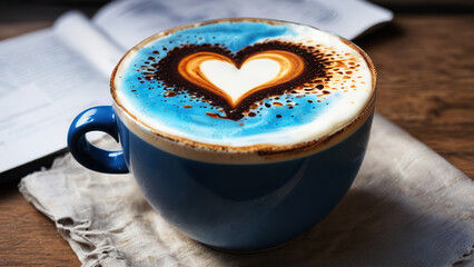 A coffee cup with a heart and blue milk stands on a napkin