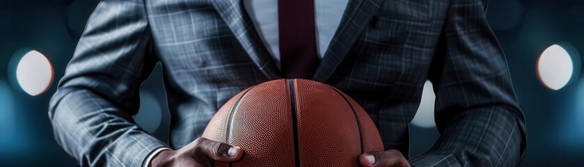 Business person holding a basketball, symbolizing the intersection of sports and business, wearing a suit and tie.