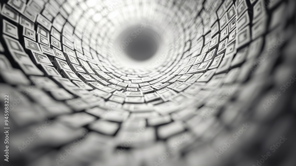 Poster dominoes made of currency symbols toppling over in a spiral pattern