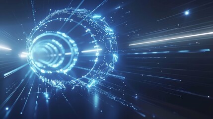 Obraz premium Dynamic abstract blue glowing neon laser tunnel with futuristic energy lines and flying shards of particles, representing cutting-edge technology, innovation, high-tech advancement in a digital space