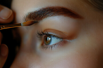 A detailed illustration showing a man carefully painting a girl's eyebrows