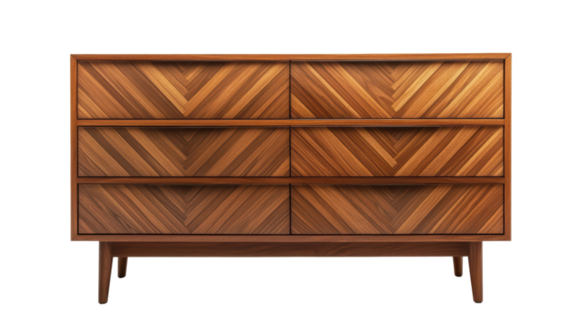 Modern wooden dresser with chevron pattern, showcasing warm, inviting design. Perfect for adding elegance to any room. 