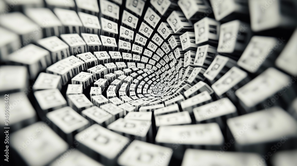 Poster dominoes made of currency symbols toppling over in a spiral pattern