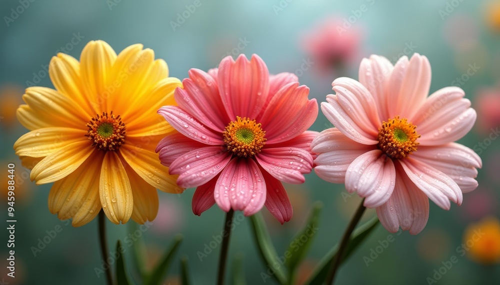 Sticker Blooming in Harmony  A Trio of Colorful Flowers