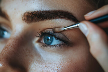 A detailed illustration showing a man carefully painting a girl's eyebrows