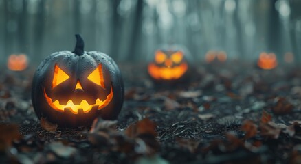 Lit Jack-O'-Lanterns in a Forest