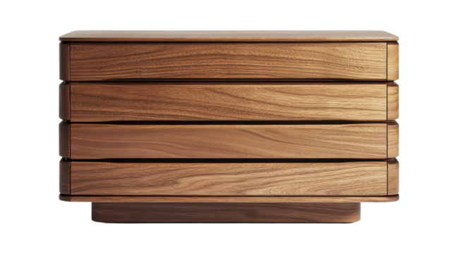 Modern wooden dresser with four drawers, showcasing sleek design and natural wood grain. Ideal for contemporary interiors. 