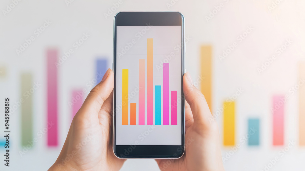 Poster hands holding a smartphone displaying a vibrant bar chart, with colorful textured bars in the backgr