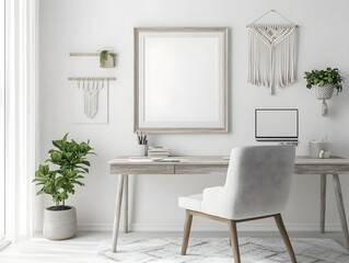 Bright Airy Farmhouse Inspired Home Office Mockup Featuring Layered Wall Art Upholstered Chair Industrial Desk and Macrame Plant Holder   3D Render