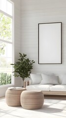Bright airy farmhouse living room with white shiplap walls natural wood accents and large windows showcasing a 3D rendered mockup frame in a Scandinavian minimalist style
