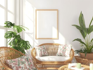 Bright and Airy Farmhouse Conservatory Mockup with Rattan Furniture Patterned Cushions and Potted Plants in a Natural Light Filled Setting