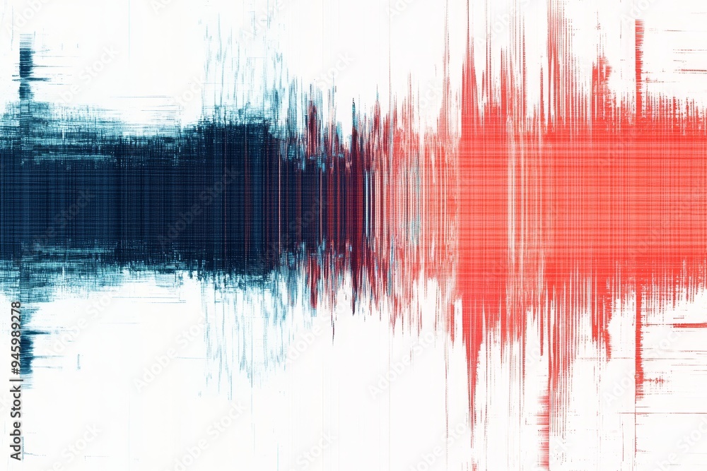 Poster a digital glitch pattern with red and blue lines on a white background, featuring glitching effects 