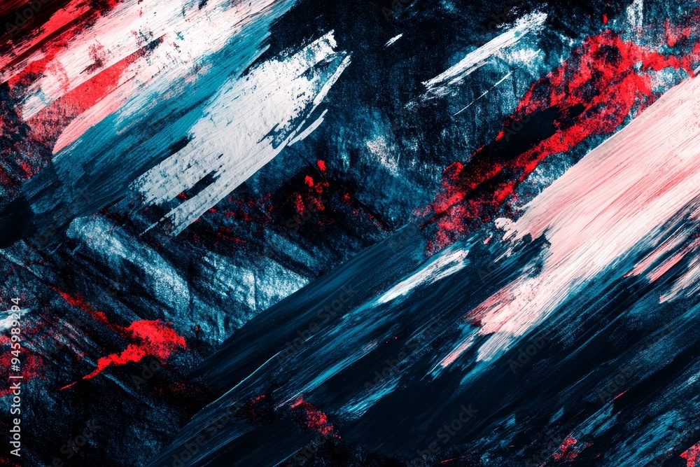 Poster a pattern of lines and stripes in a red white blue color scheme, with a glitch effect in the backgro
