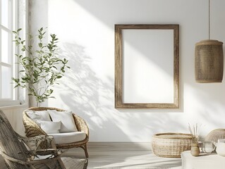 Bright and airy farmhouse inspired living area featuring a wooden frame mockup natural lighting a neutral color palette and carefully selected accent pieces that create a cozy inviting
