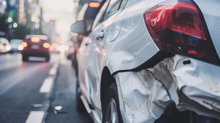 Close-up of car bumper with visible crash damage showing dented and scratched metal surface, highlighting accident impact and collision aftermath in urban environment