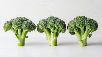 Three Fresh Broccoli Florets on White Background