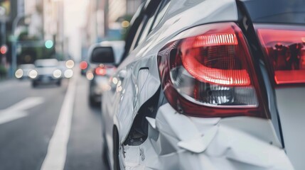 Close-up of car bumper with visible crash damage showing dented and scratched metal surface, highlighting accident impact and collision aftermath in urban environment