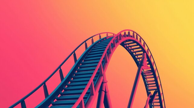 Illustration of a steep rollercoaster climb and drop, representing market volatility, with financial symbols embedded in the track