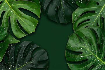 Lush green leaves with droplets on a dark background, perfect for nature-themed designs and decor.