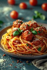 A close-up shot of a plate of spaghetti with meatballs, tomato sauce, and basil. The dish is garnished with grated Parmesan cheese and fresh parsley
