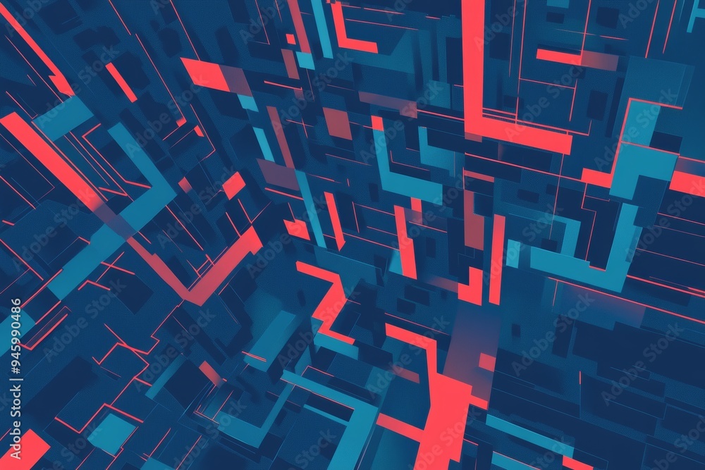 Poster this pattern consists of blue, red, and white lines that create an intricate maze design stock