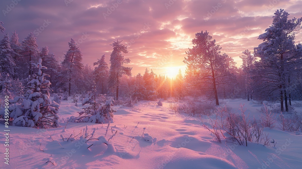 Sticker winter wonderland: a majestic sunrise in the snowy forest