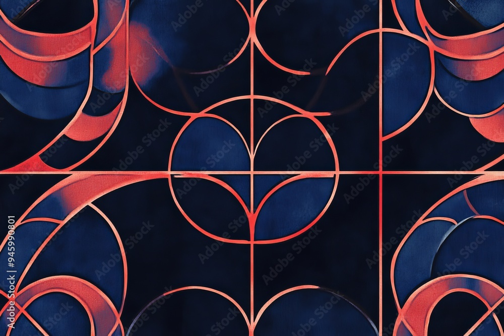 Poster an optical illusion or maze design pattern characterized by bold, symmetrical lines in blue and red 