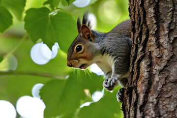 Obraz premium Curious Squirrel on Tree: A gray squirrel with bushy tail perches on a tree trunk, its inquisitive gaze fixed on something beyond the frame. The soft green leaves and bokeh effect create a serene back