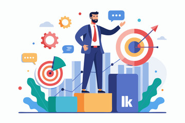 KPI, key performance indicator measurement to evaluate success or meet target, metric or data to review and improve business concept, businessman standing on top of KPI box measuring performance.
