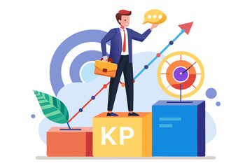 KPI, key performance indicator measurement to evaluate success or meet target, metric or data to review and improve business concept, businessman standing on top of KPI box measuring performance.
