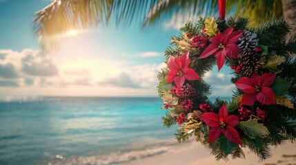 A tropical Christmas wreath adorned with vivid flowers hangs from a palm tree against a sunny ocean backdrop in a vibrant holiday setting.