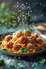 Close-up of a plate of spaghetti with meatballs and parmesan cheese. The image features a blue background with a blurry green plant in the background