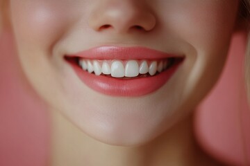 Obraz premium Close-up of a smiling woman's mouth against a blue background capturing her radiant expression and perfect teeth in bright daylight.
