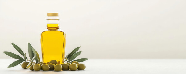 Organic olive oil bottle, with fresh olives and leaves, 3D illustration