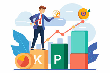 Businessman Measuring Success on KPI Box, Evaluating Key Performance Indicators, Metrics for Business Improvement and Target Achievement Concept.