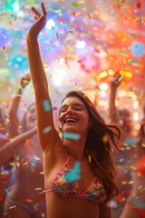 Obraz premium Joyful Caucasian woman dancing at beach club party. She wears pink bikini top and loose waves hair. Arms raised high above head, celebrating vibrant atmosphere with confetti and colorful lights.