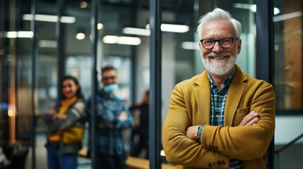 Obraz premium Confident mature business man with arms crossed, smiling in modern office environment, representing leadership, career ambition, and professional consulting agency
