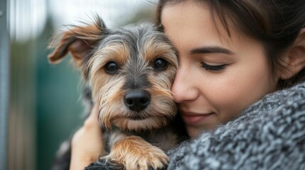 Young adult woman holding cute dog in her arms. Love for animals, adopting a dog from an animal shelter, making a companion, making a friend