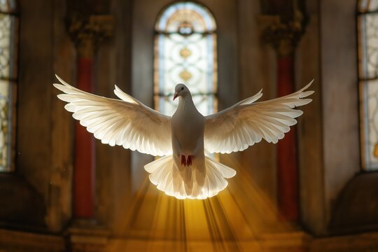 Holy Spirit represented as winged dove descends with flames. Of New Testament, Gospel. Iconic image for Pentecost, Easter themes. Power, proclamation, conviction, faith embodied in spiritual