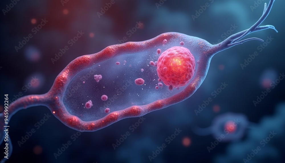 Poster vibrant 3d rendering of a virus particle with a glowing core set against a cosmic backdrop