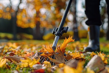 Man wearing gloves rakes fallen leaves in park on autumn day. Leaves of different colors are scattered around him. Sun shines through trees, casting warm glow. Cleaning service concept.