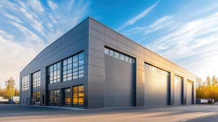 Modern Warehouse Exterior with Gray Steel Walls and Large Garage Doors - Photorealistic View at Golden Hour. AI generated illustration