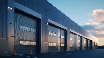 Modern Warehouse Exterior with Gray Steel Walls and Large Garage Doors - Photorealistic View at Golden Hour. AI generated illustration