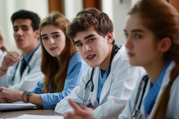 Fototapeta premium Group of young medical students sitting in a lecture hall, surrounded by computers and laptops. Female and male students are engaged, taking notes and listening to the professor.